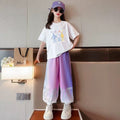 Girls' short-sleeve  summer new collection: long pants & t-shirt two-piece activewear set for girls (mid-to-large size, perfect for sports & school)