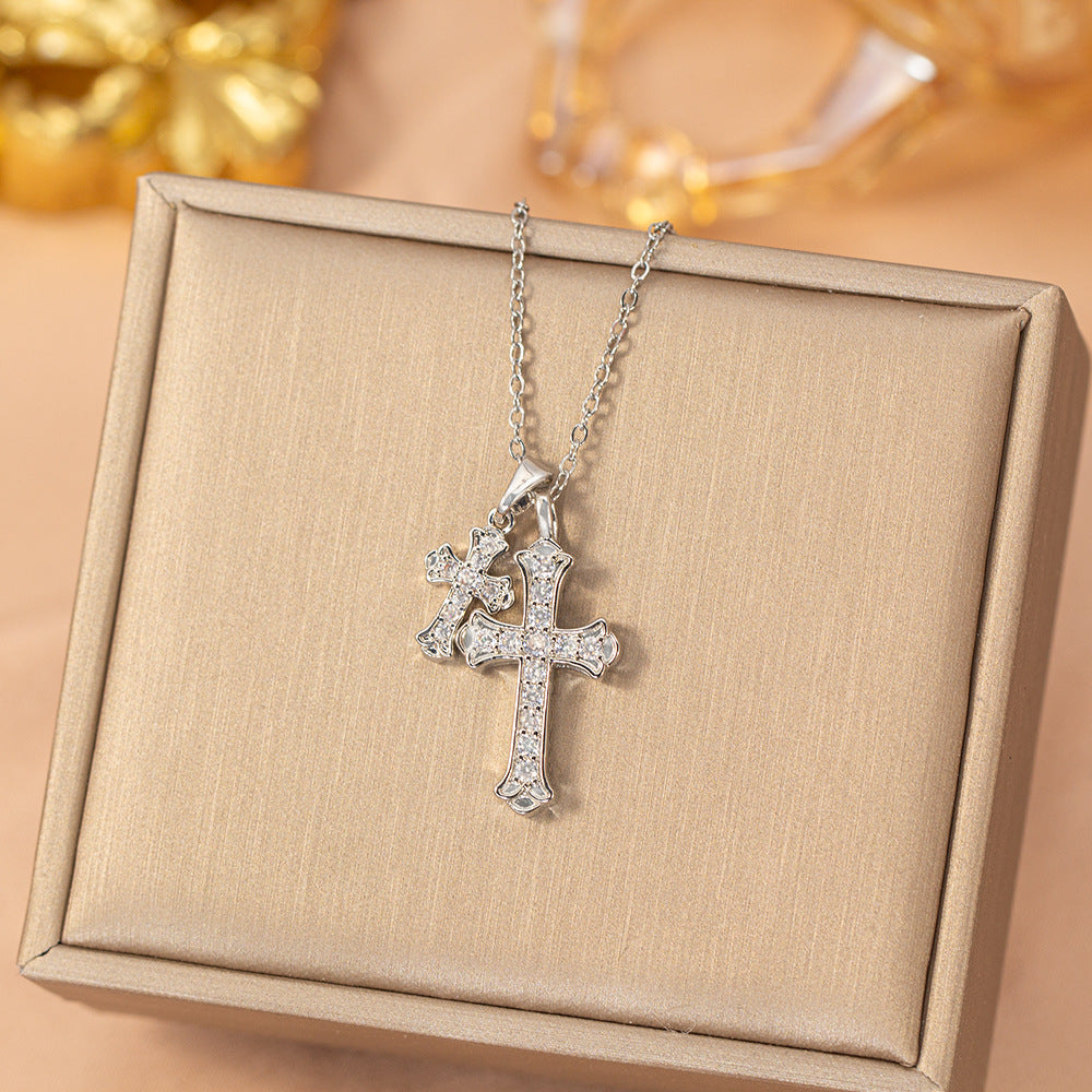[titanium steel] cross-border popular diamond double cross necklace, high-end elegant fashion stylish clavicle chain jewelry
