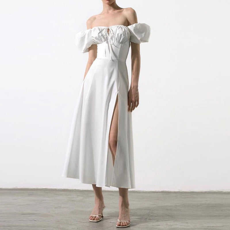 cross-border e-commerce women's fashion: european and american summer new arrivals - french style sweet bubble sleeve tie-waist slit dress