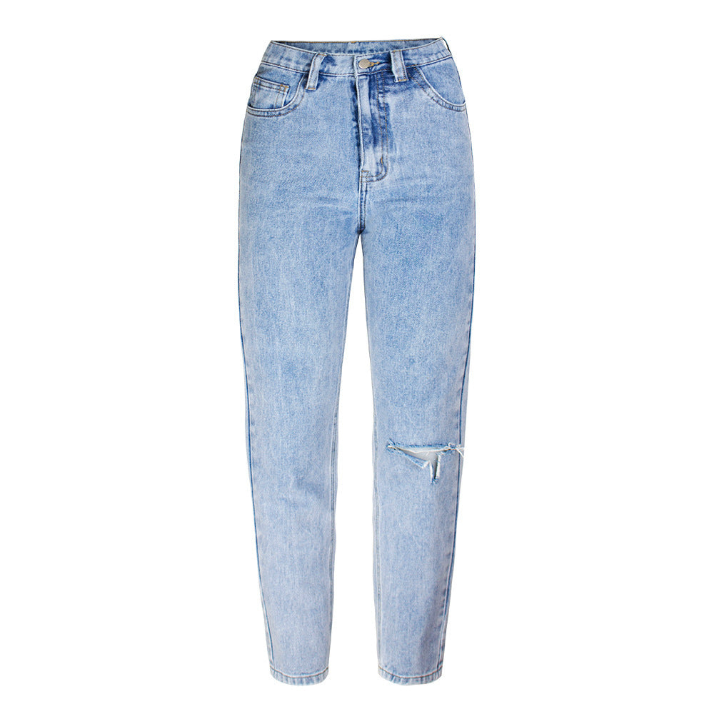 Amazon  jeans women's new arrival hot selling plaidcasual washed hole light color jeans