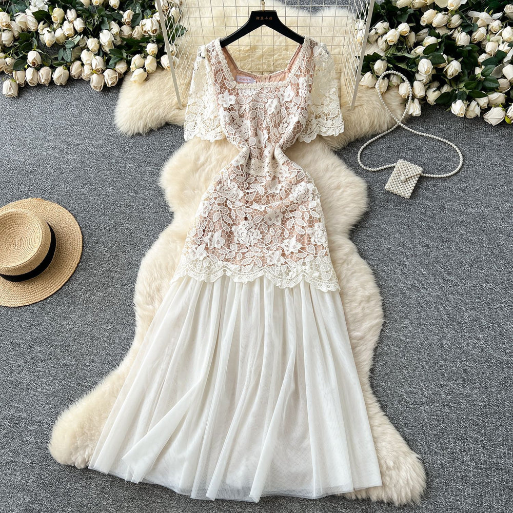 Frenchromantic atmosphere square neck dress female summer mesh embroiderpatchworksense of design royal sister elegant long skirt