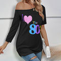 Autumn european and american lips 80s printing off shoulder asymmetrical sleeve length  fashion slim top t-shirt women