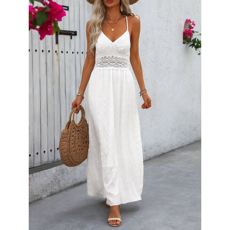 Women's lace halter backless v-neck bodycon dress, perfect for vacation, fresh and stylish summer wear