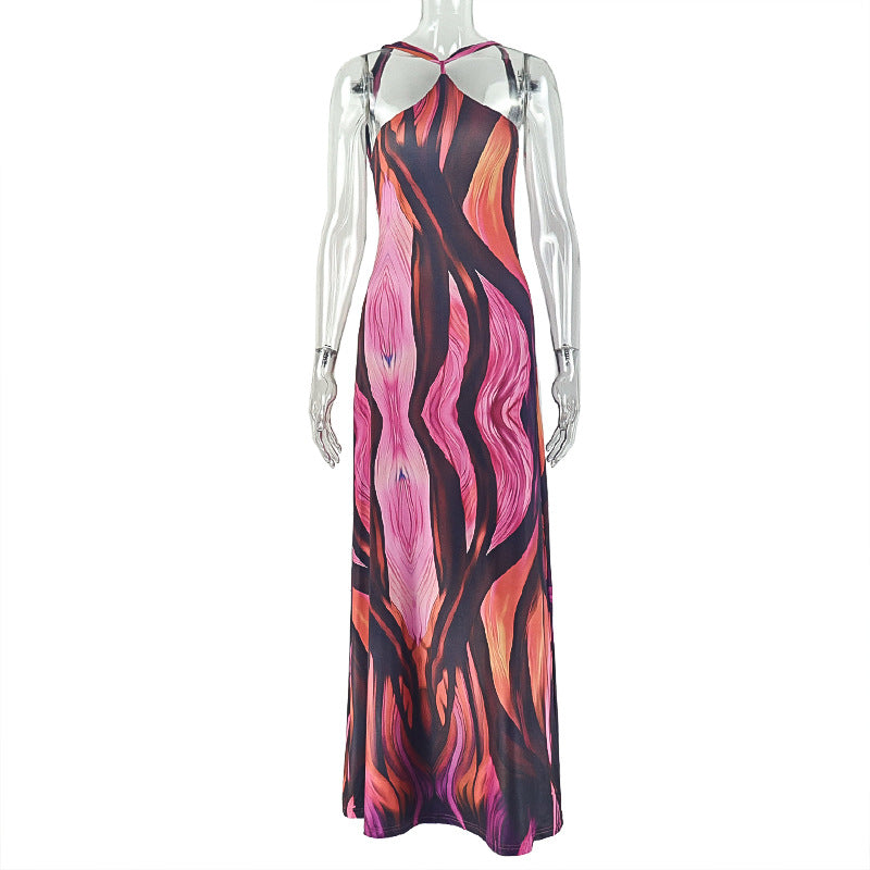 European and american style  cross-border printed women's dress - elegant, slim-fit, open back, bodycon skirt, striped halter neck maxi dress