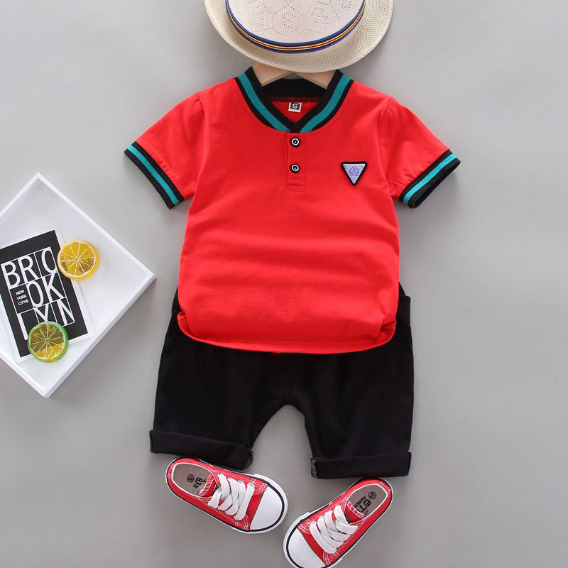 Kids' polo shirt set, 0-4 years old, boys' fashion casual short-sleeve t-shirt and shorts 2-piece set, cross-border children's clothing wholesale
