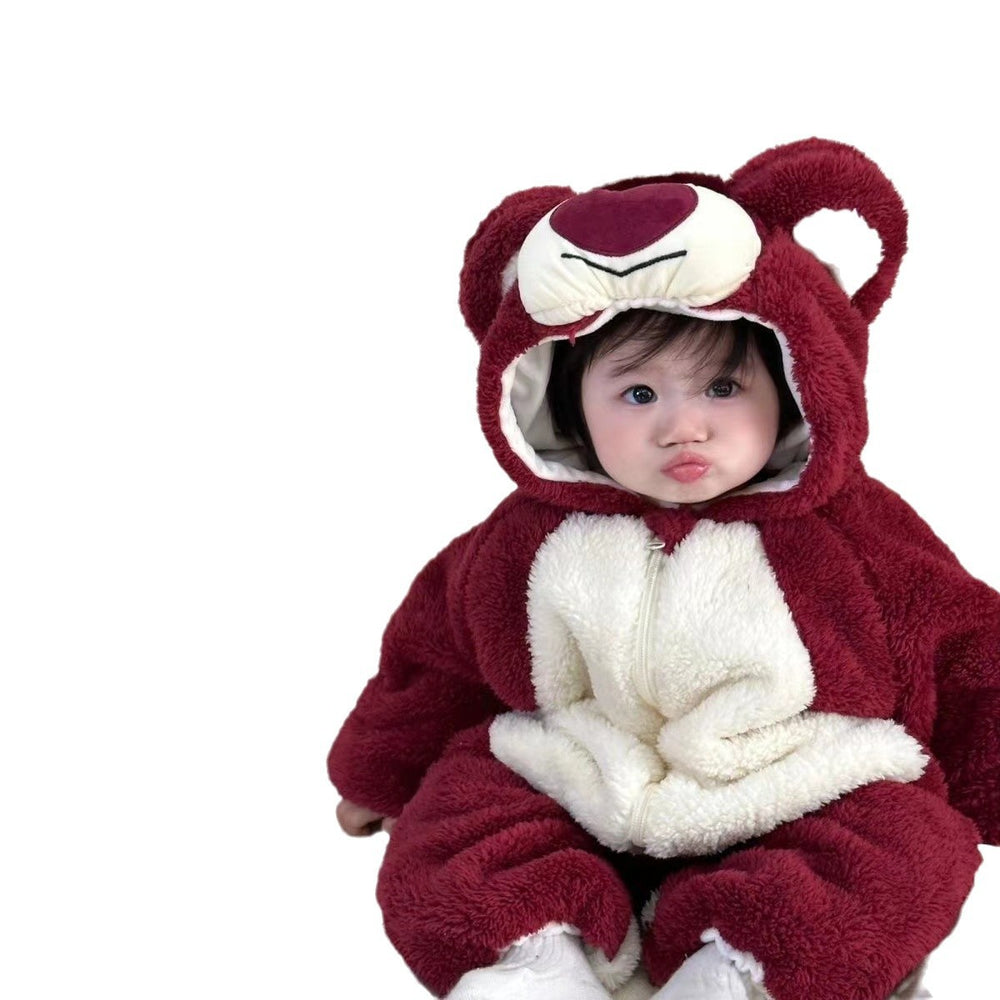 Baby winter thickened onesie - boys' fleece-lined cotton jumpsuit - super cute strawberry bear design for outdoor crawling
