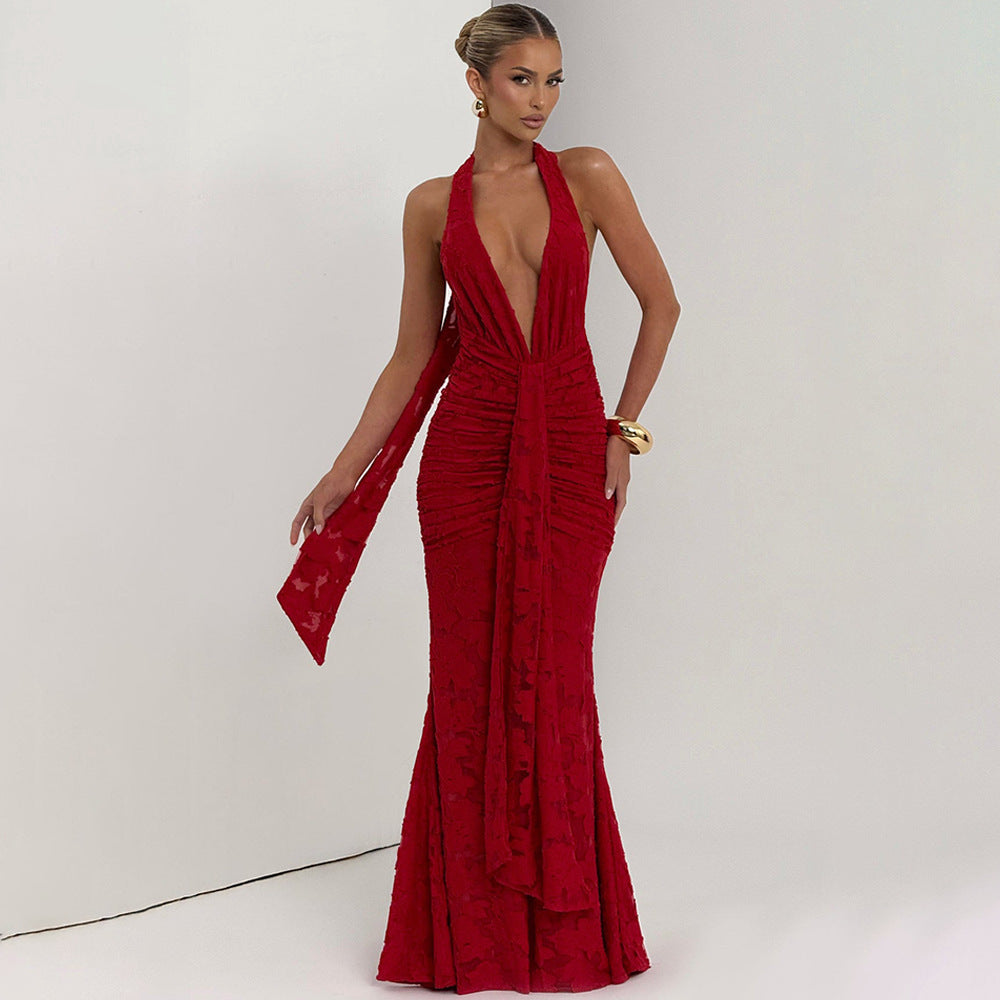 european and american cross-border new women's sexy deep v backless bodycon dress with tie-up ruched mermaid skirt