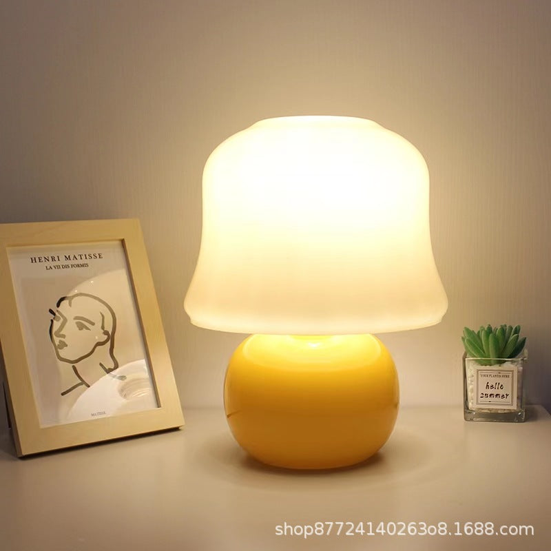 French cream mushroom table lamp - bedroom bedside lamp - cozy nordic light luxury ambiance - glass high-end gift night light