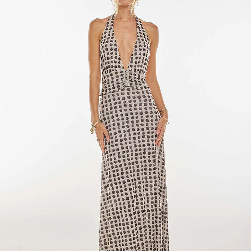 cross-border european and american women's clothing: summer dresses for women - fashionable vacation deep v halter neck printed slim-fit maxi dress