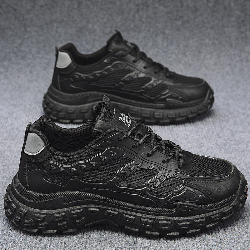 Men's winter work shoes: breathable, wear-resistant, anti-slip, tire tread sole, black athletic style, height increasing, trendy dad shoes