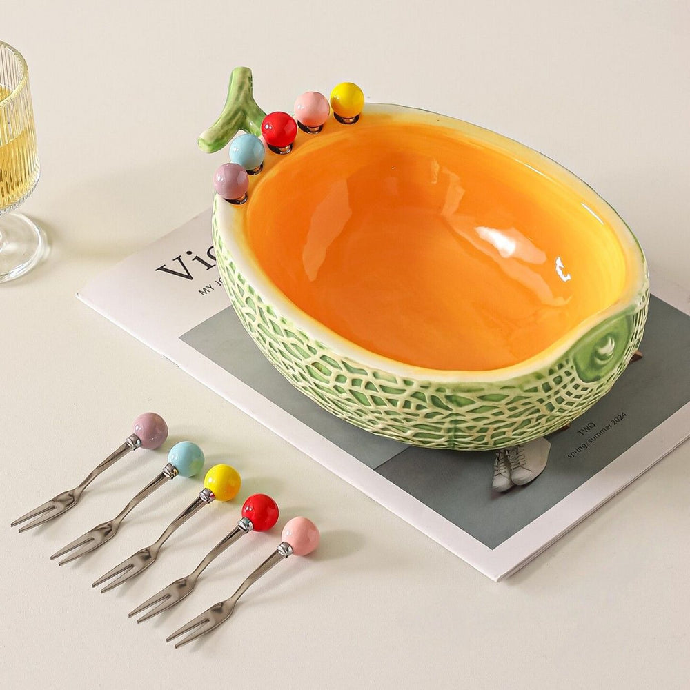 High-style cantaloupe ceramic fruit platter and fork set, perfect for home use. includes fruit picks, dessert forks, and a storage bowl, ideal for the living room coffee table