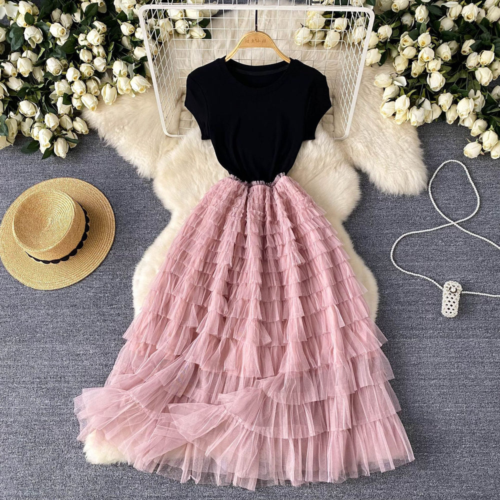 European and american style light luxury high-end women's summer dress - mesh panel design, slimming waist, ethereal long dress