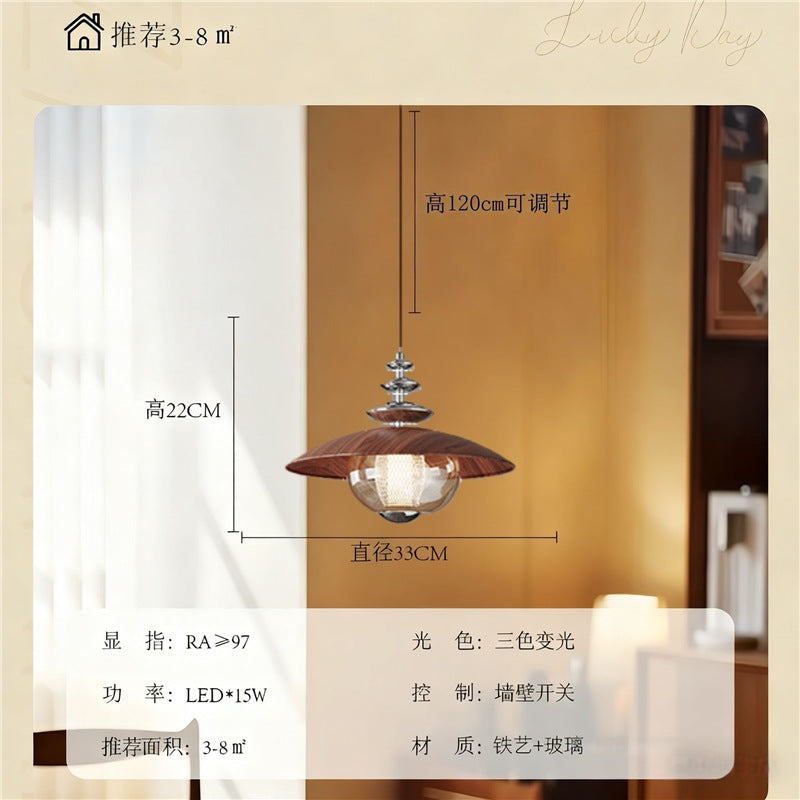 Vintage-inspired restaurant pendant light, full spectrum eye protection bar counter lamp, retro high-end walnut wood grain nostalgic dining table chandelier