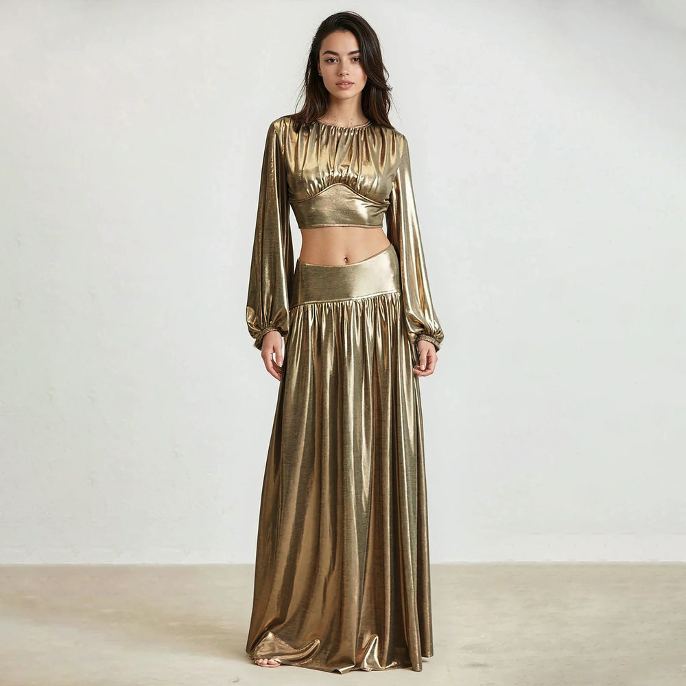 K10968 european and american foreign trade women's clothing  new round neck lantern sleeve sexy waist large swing skirt suit