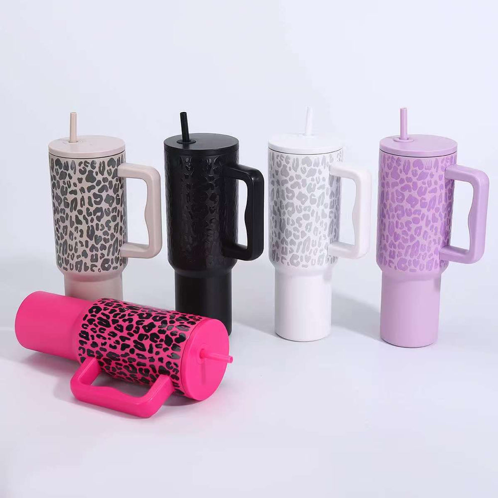 leopard print 40oz stainless steel thermos cup large capacity with handle vacuum straw cup outdoor car cup