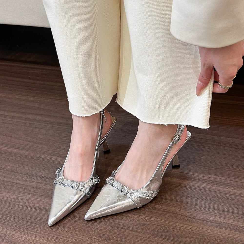 Naipai silver pointed toe sandals for women with open back 2025 spring and summer toe-cap shallow mouth thin heel high heels