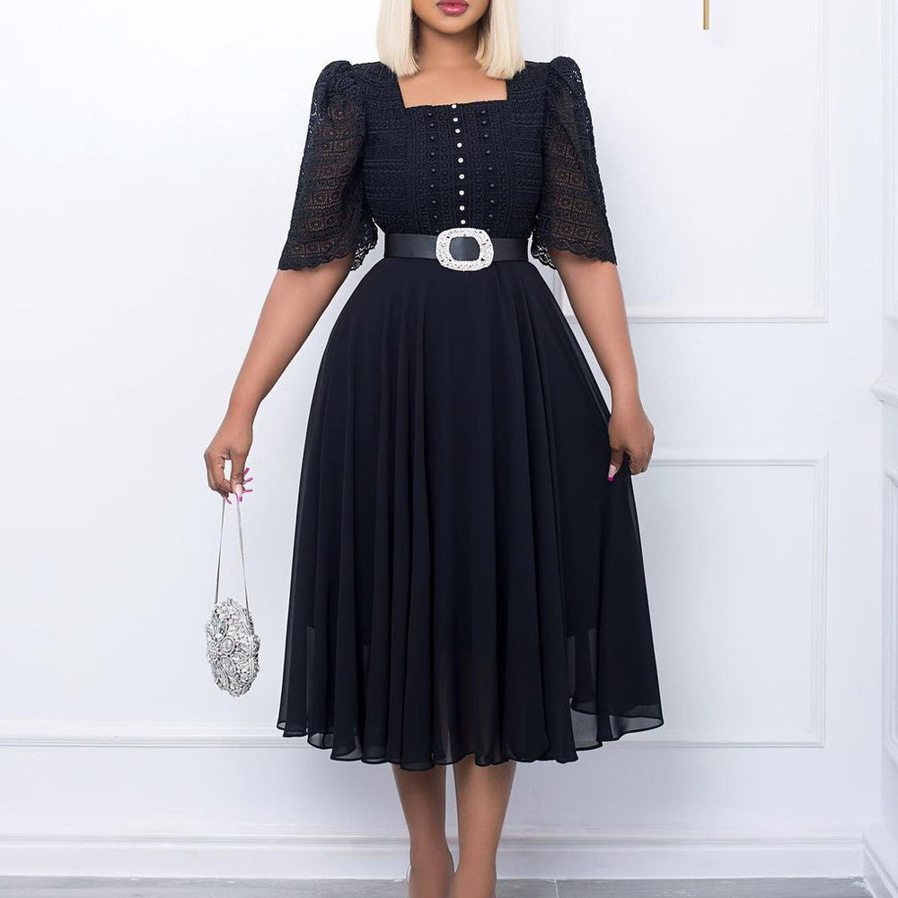 D280: belt included -  new cross-border fashion: european & american style patchwork chiffon beaded socialite african export dress