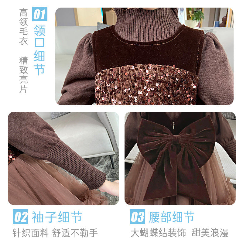 Girls' dress autumn/winter new arrivals  kids' knitted sweater little girl mesh first birthday chic princess dress winter