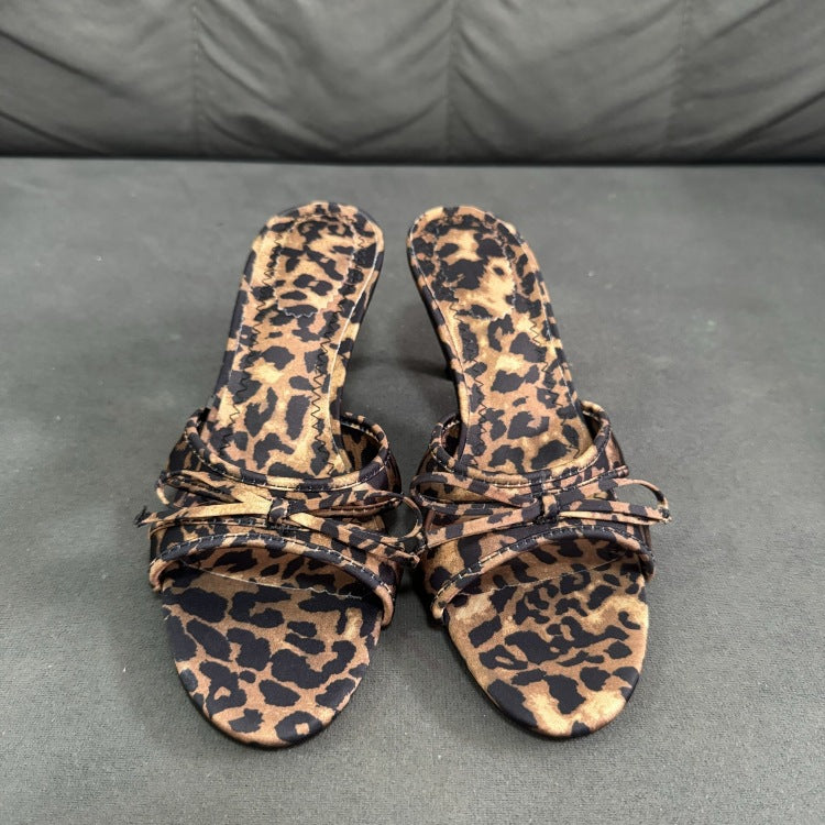 Spain 2024 spring new one-strap open-back trf slippers mesh fabric bowknot decor high heel sandals