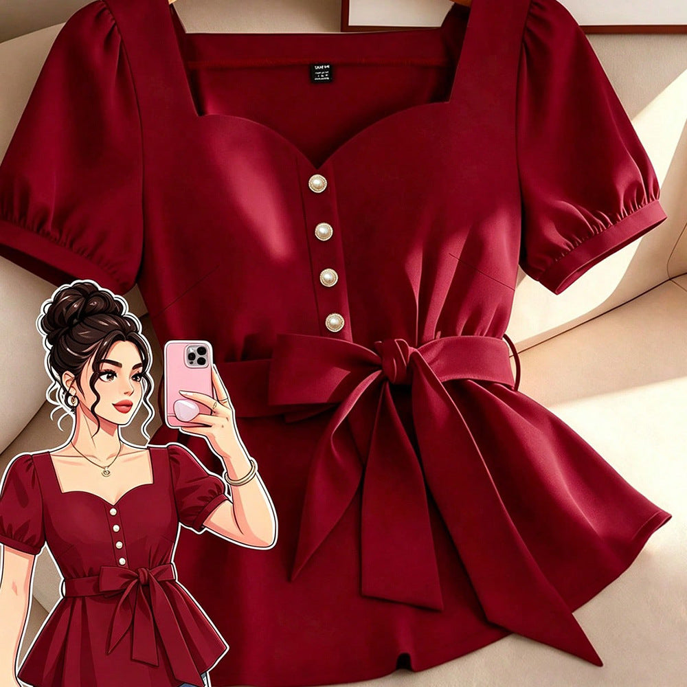 Simple square neck heart-shaped collar solid color blouse with puff sleeves and belted waist – slimming and elegant women's apparel, 1688 source