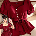 Simple square neck heart-shaped collar solid color blouse with puff sleeves and belted waist – slimming and elegant women's apparel, 1688 source