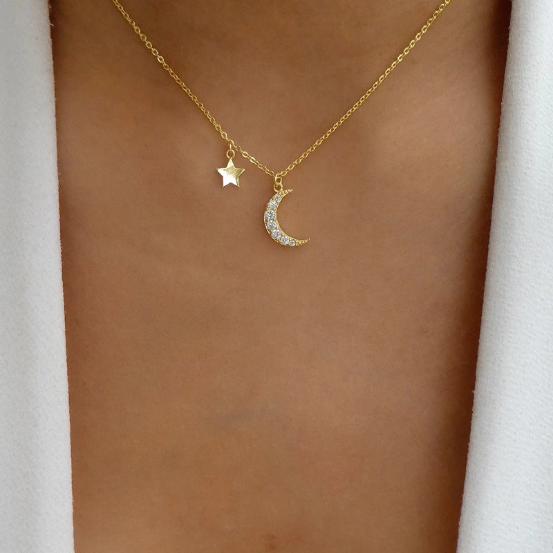 Wholesale rhinestone pendant necklaces - european & american style, cross-border, alloy, minimalist, versatile jewelry for women - star, moon, and clavicle chains