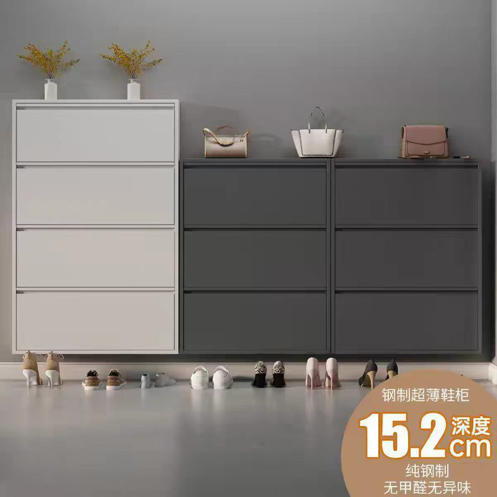 Ultra-slim steel tilt-out shoe cabinet - 12cm space-saving entryway organizer for small apartments - wall-mounted shoe rack