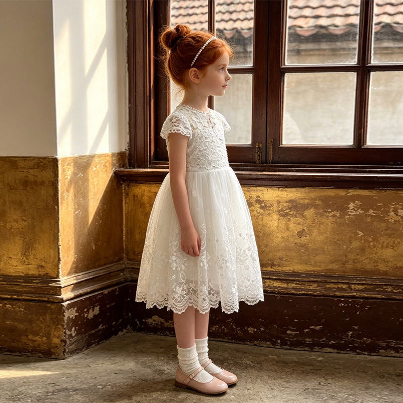 export girls' dress - lace trim, short sleeve, white, vacation style, tulle skirt, summer children's dress - in stock