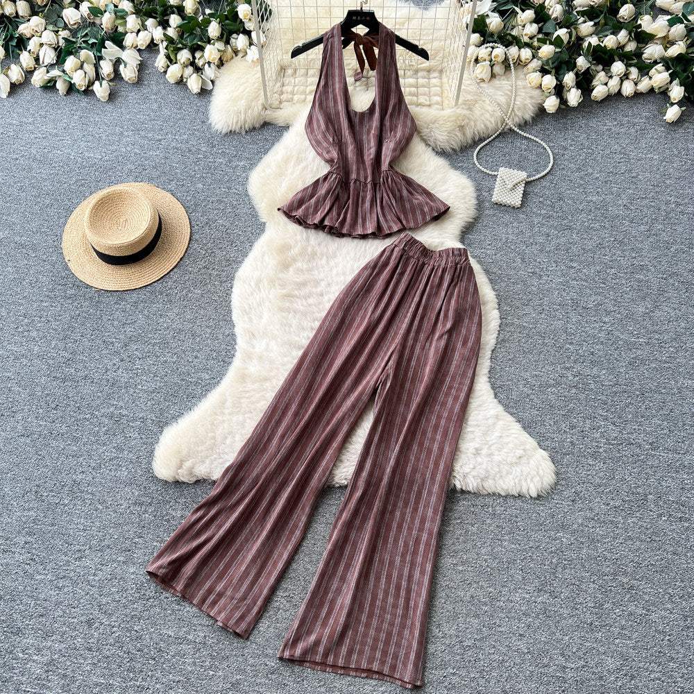 Vacation style halter strap vest high waistloose pantstwo-piece set women's summer silm style atmosphere fashionsuit