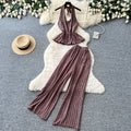 Vacation style halter strap vest high waistloose pantstwo-piece set women's summer silm style atmosphere fashionsuit