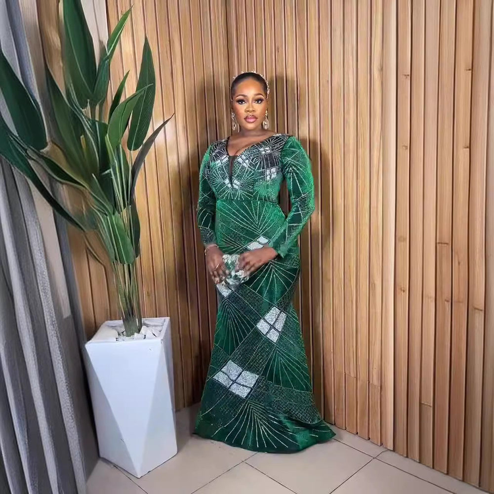Shiny silk fabric hotfix rhinestone full body sequined mermaid hem stretch fabric european and american african performance runway evening gown