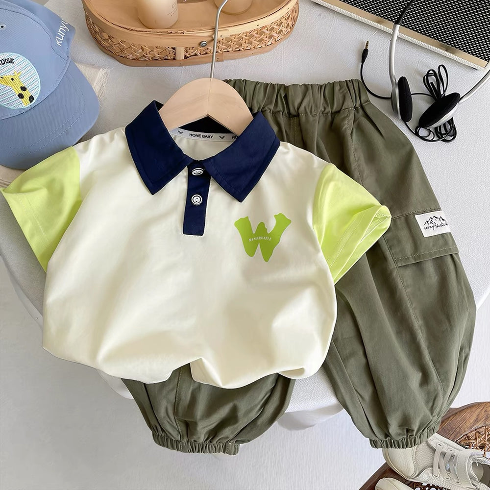 Boys' short-sleeve summer outfit set -  new korean style kids' shirt, stylish baby summer fashion two-piece set