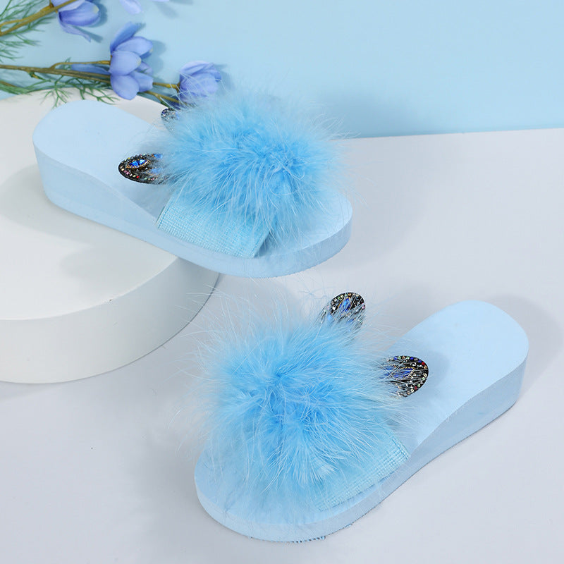 2024 summer new korean style ostrich feather one-strap flat sandals slippers women's plus size