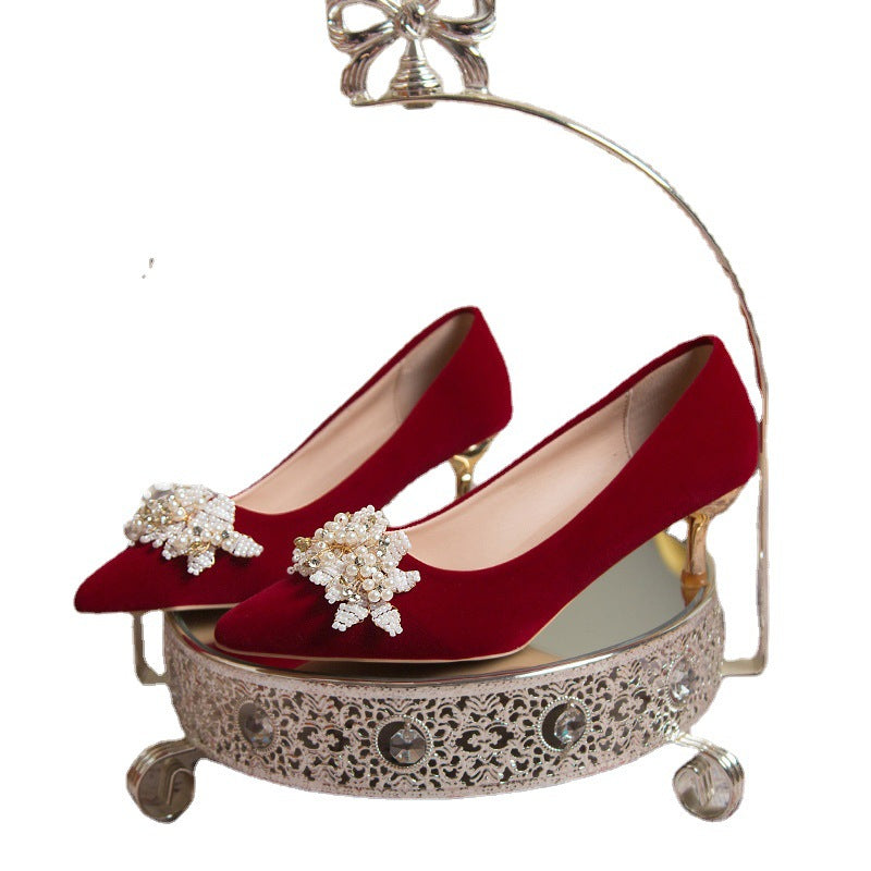 Red xiuhe wedding shoes, beaded flower bridal shoes, non-tiring feet, classy chinese style, pregnant women, engagement and toast, high thick heels