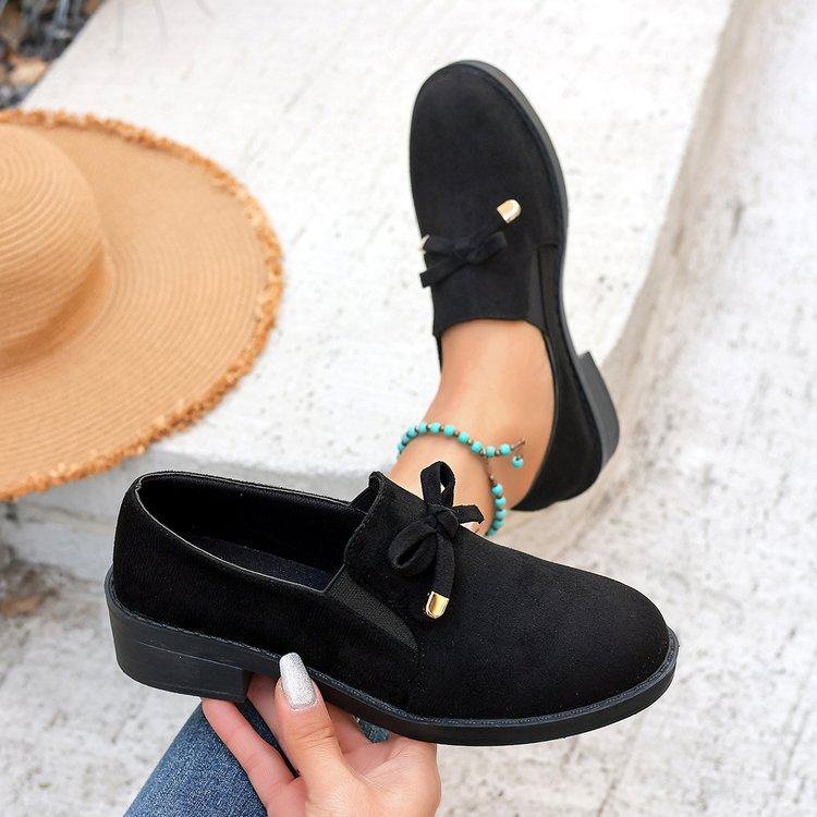 spring new plus size suede shoes, british style chunky heel, foreign trade bowknot slip-on loafers, wholesale