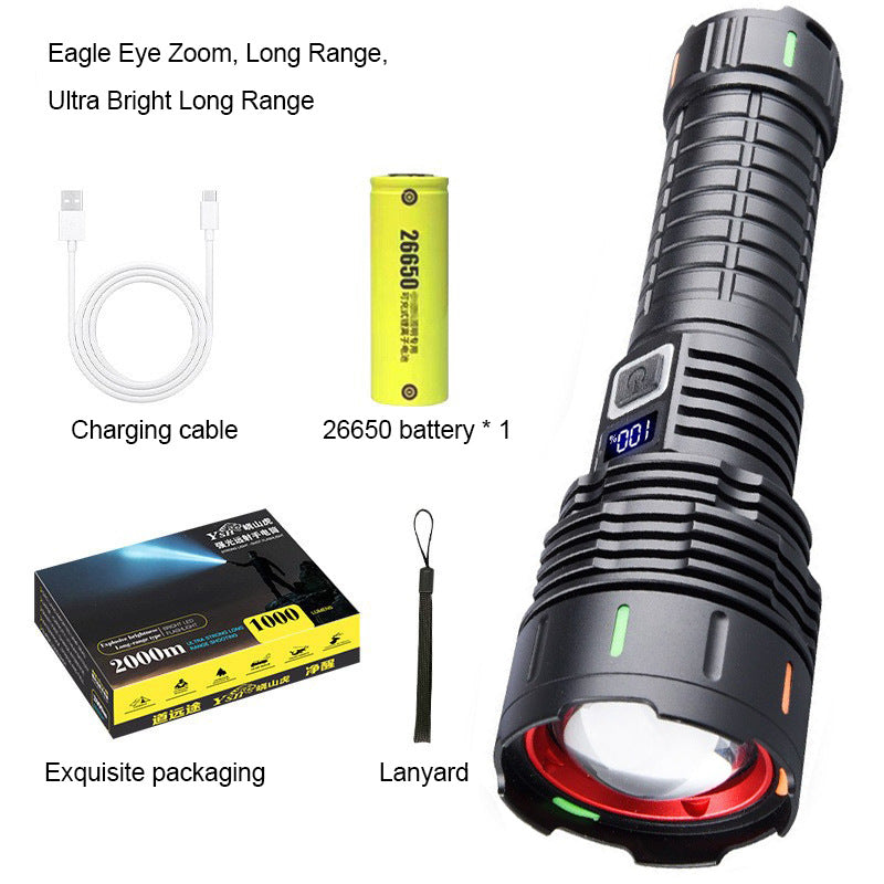 Laser flashlight rechargeable super bright high battery life large capacity lithium battery long-range large flood light outdoor digital display flashlight