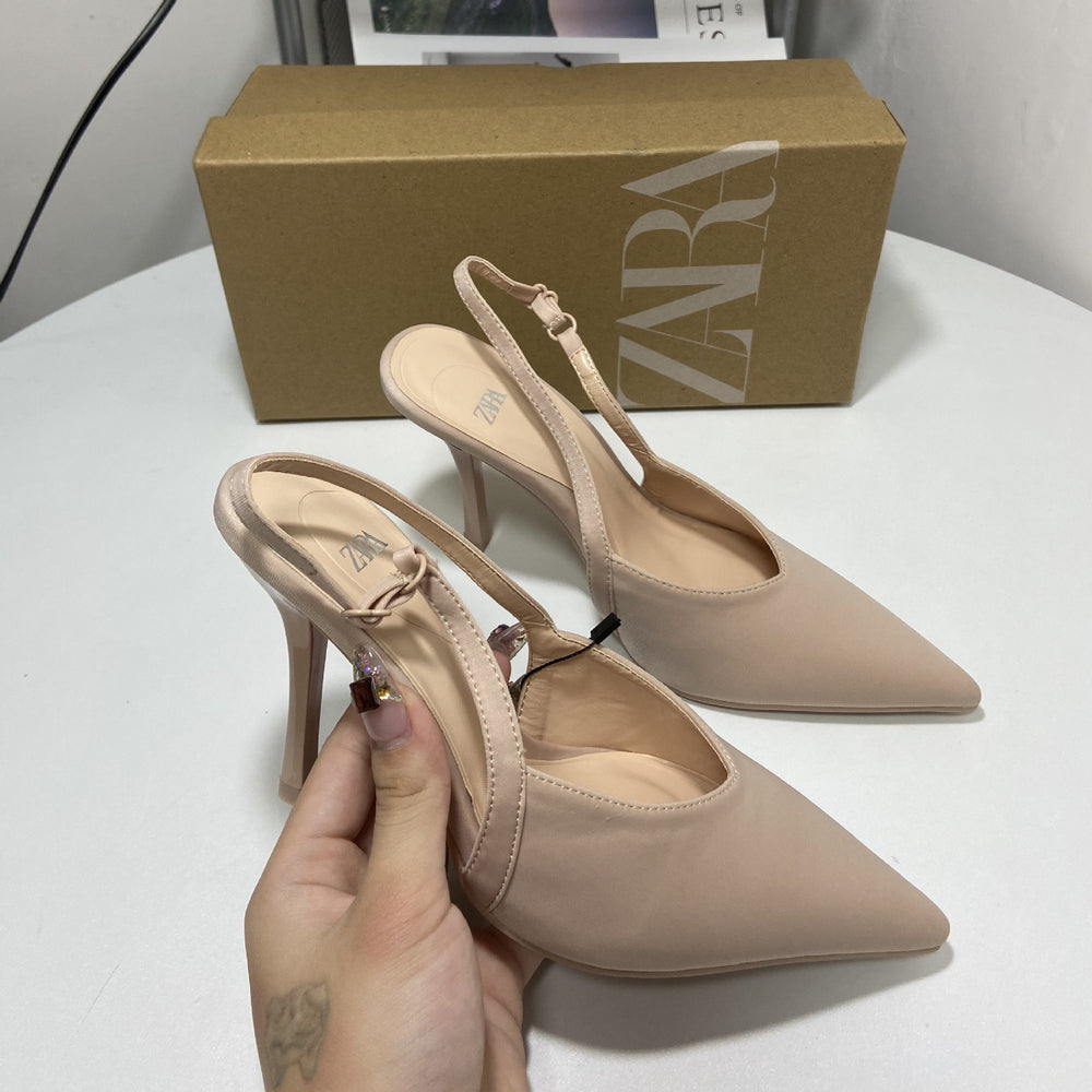 Zar 2024 spring/summer new arrivals women's shoes: satin pointed-toe peep-toe mules with open back and thin straps - ethereal and elegant