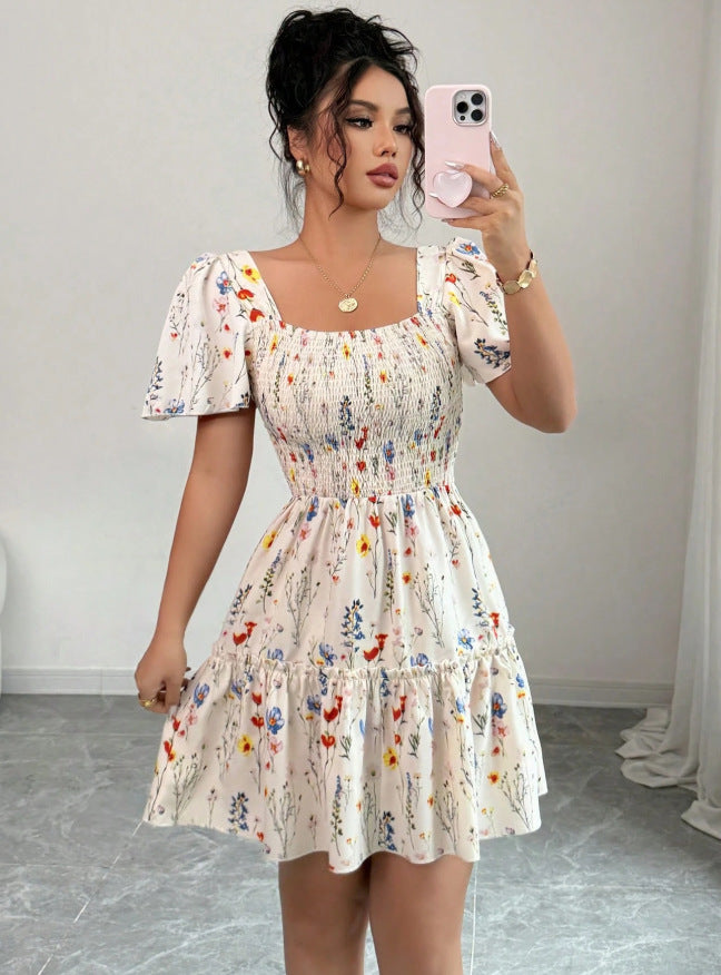 new european and american style women's floral print ruched sleeveless v-neck cinched waist backless maxi dress - perfect for vacation