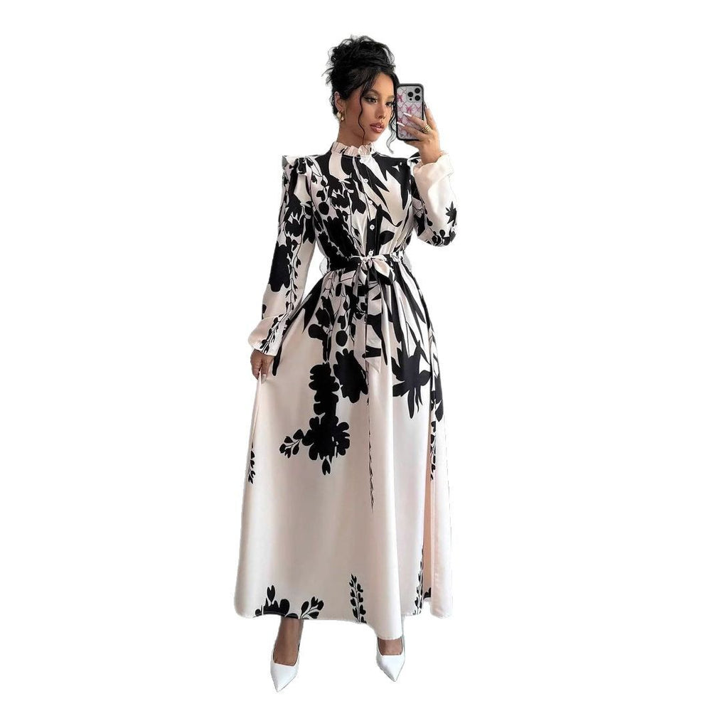 Amazon cross-border front button short-sleeved waist tie backdress women's long sleeves a-shaped long skirt