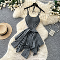 K-stylefake two-piece grids pattern patchwork suspender dress female summer strap halterslimming lookasymmetricalretro skirt