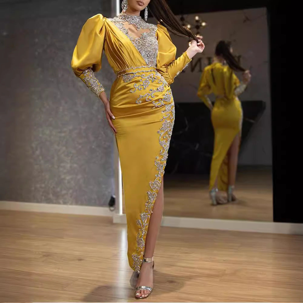 spring and summer new arrivalfashionexport women's wedding dress with big hem sexy gold-sprinkled dress with tail banquet evening dress