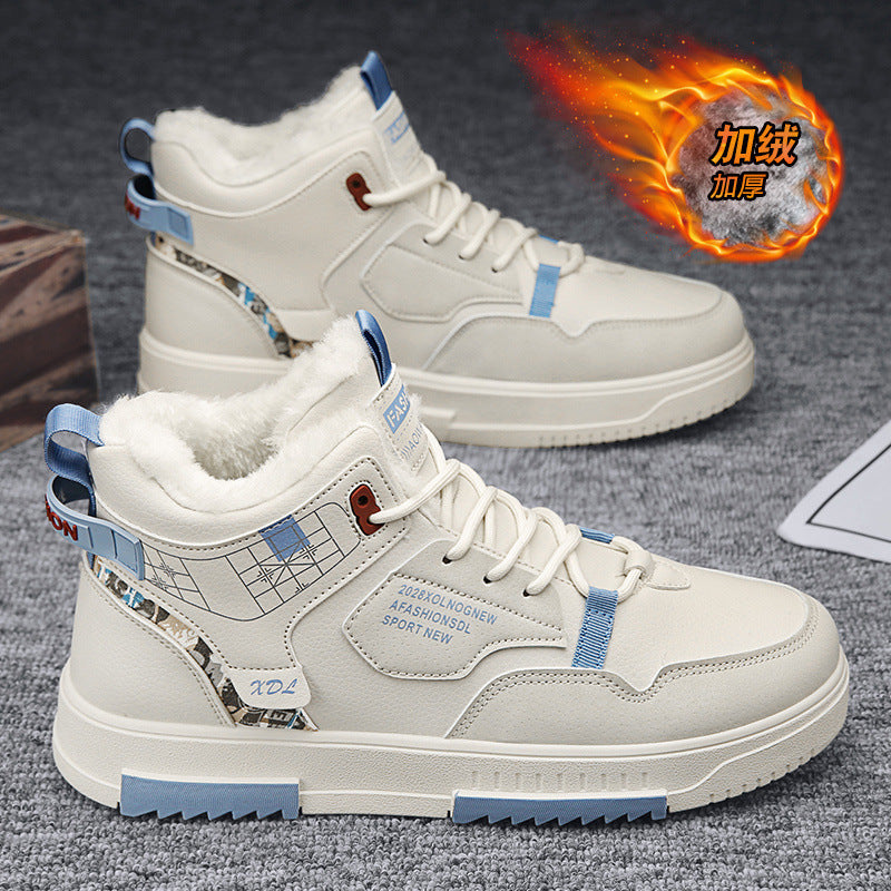 Winter high-top men's shoes, korean style trendy casual sneakers, white fashion sneakers, fleece-lined thickened warm cotton shoes