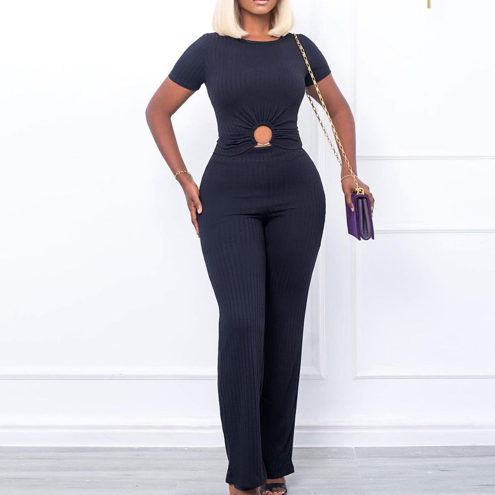 D277 cross-border sourcing:   summer new arrival - solid color ribbed casual fashion set, european and american style two-piece outfit