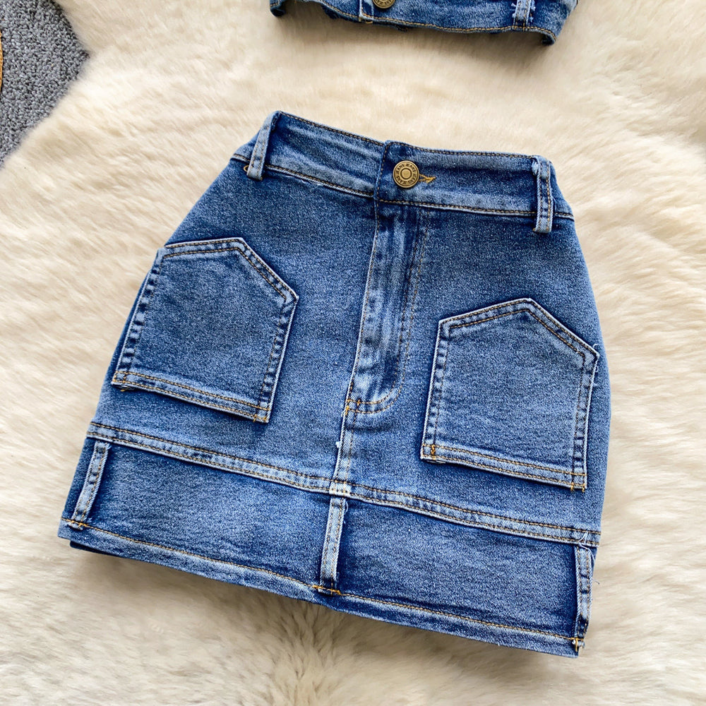 Retro denim casualtwo-piece set women's summer silmtube top vest hip cover skirt slimming lookhot girlsuit