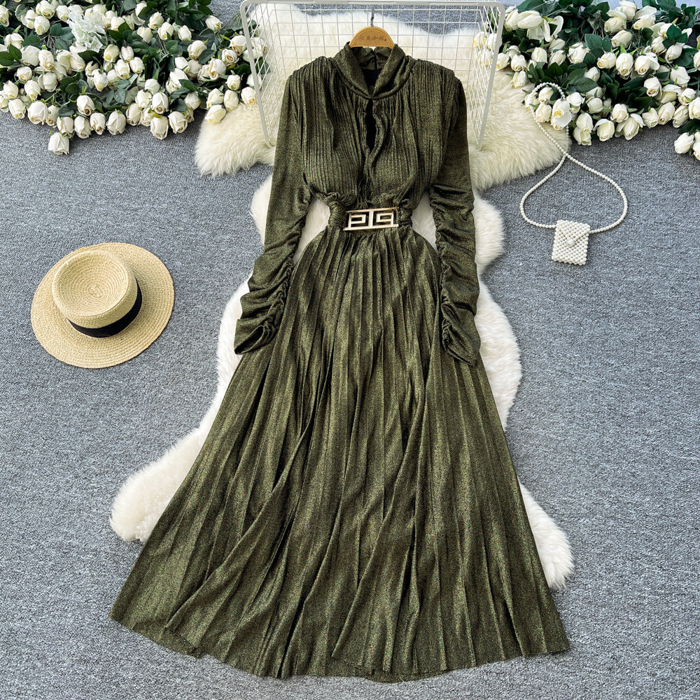 high-end v neck pleated long sleeves waist dress women's slimming look a-line long skirt work clothingelegant large swing long skirt