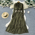 high-end v neck pleated long sleeves waist dress women's slimming look a-line long skirt work clothingelegant large swing long skirt