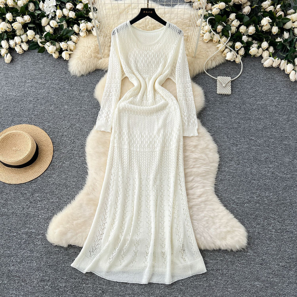 Korean style hollow-out crochet knit dress - women's slimming, long-sleeved dress with inner layer camisole two-piece set