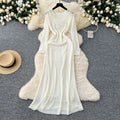 Korean style hollow-out crochet knit dress - women's slimming, long-sleeved dress with inner layer camisole two-piece set