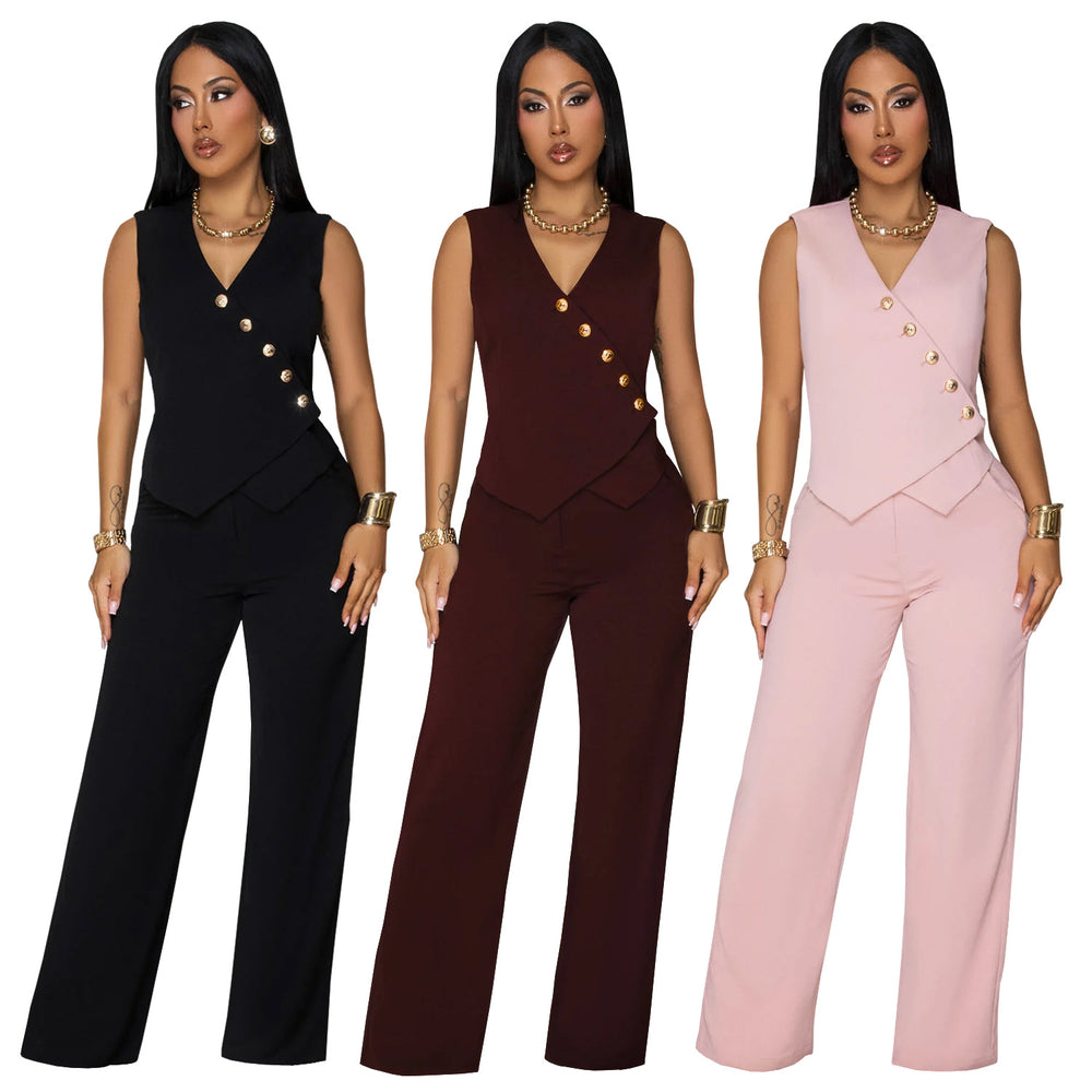 C7496 cross-border   fashion women's casual sleeveless v-neck top and pants two-piece set - new
