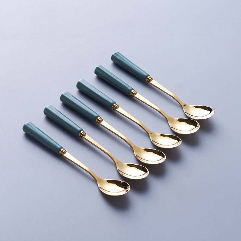 Gold-trimmed striped ceramic fruit fork storage jar - stylish stainless steel fruit forks, a great home essential, spoon and fork set